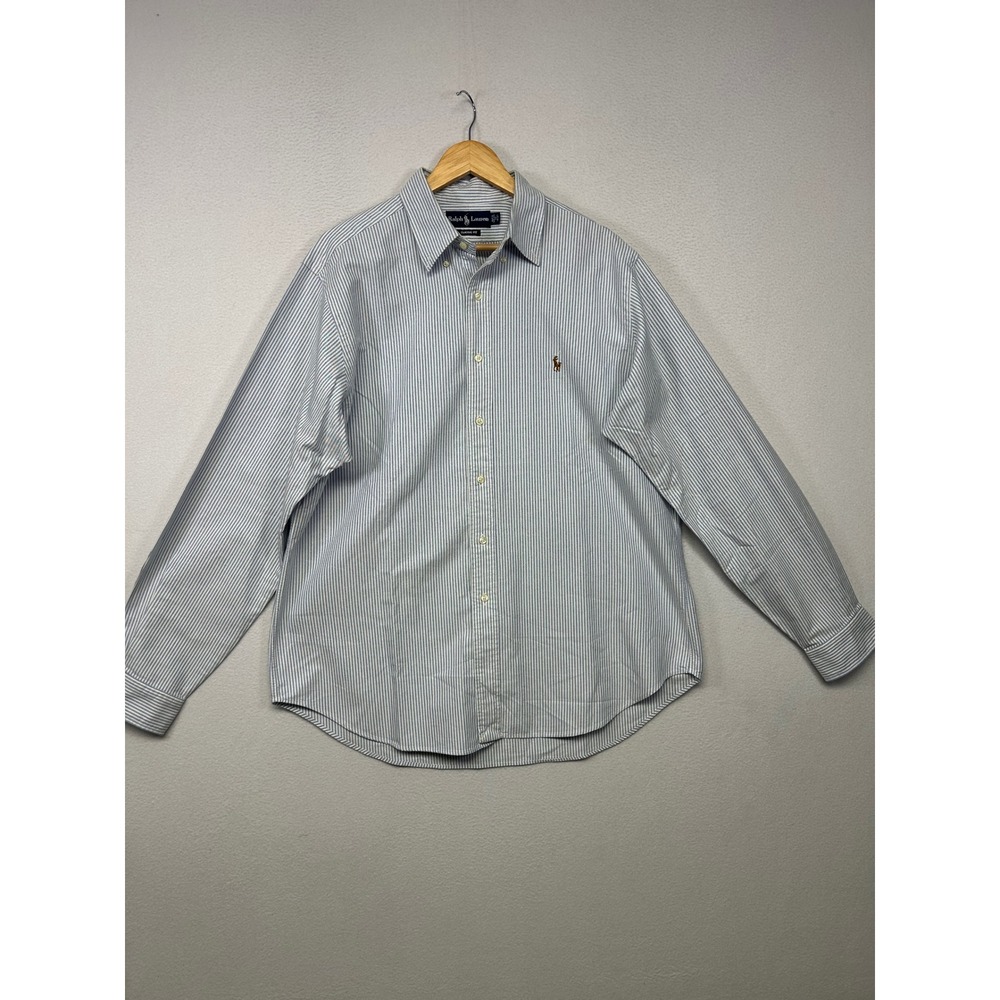 Preppy Old Money Ralph Lauren Mens 17 36/37 Blue White Pinstripe Button Shirt